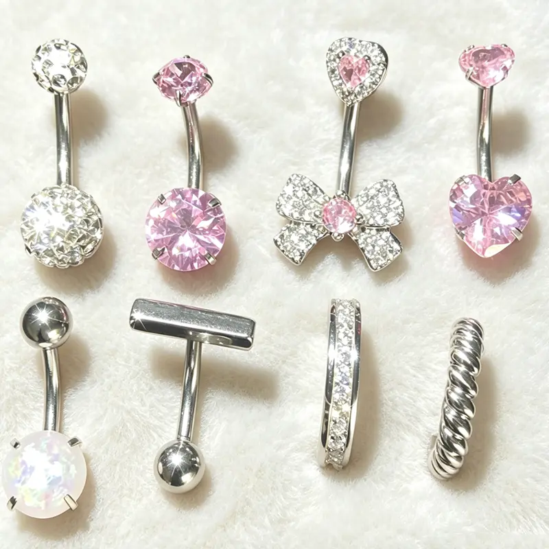 8PCS Belly Button Rings Kit,Sexy Short Style Stainless Steel Belly Button Piercing,14G 1.6MM Pink Belly Ring Cute Navel Belly Piercing for Women