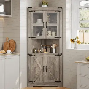 Tall Corner Cabinet, Farmhouse Corner Storage Cabinet with Glass Door & Adjustable Shelves, Space Saving Storage for Living Room, Kitchen, Bathroom