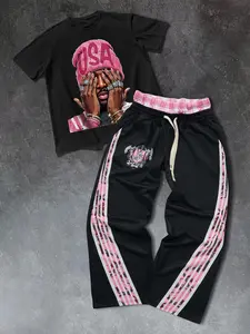 A hip-hop rap portrait print T-shirt paired with loose-fitting wide-leg sweatpants and a striped drawstring belt on the side creates a street style look suitable for parties and everyday wear.