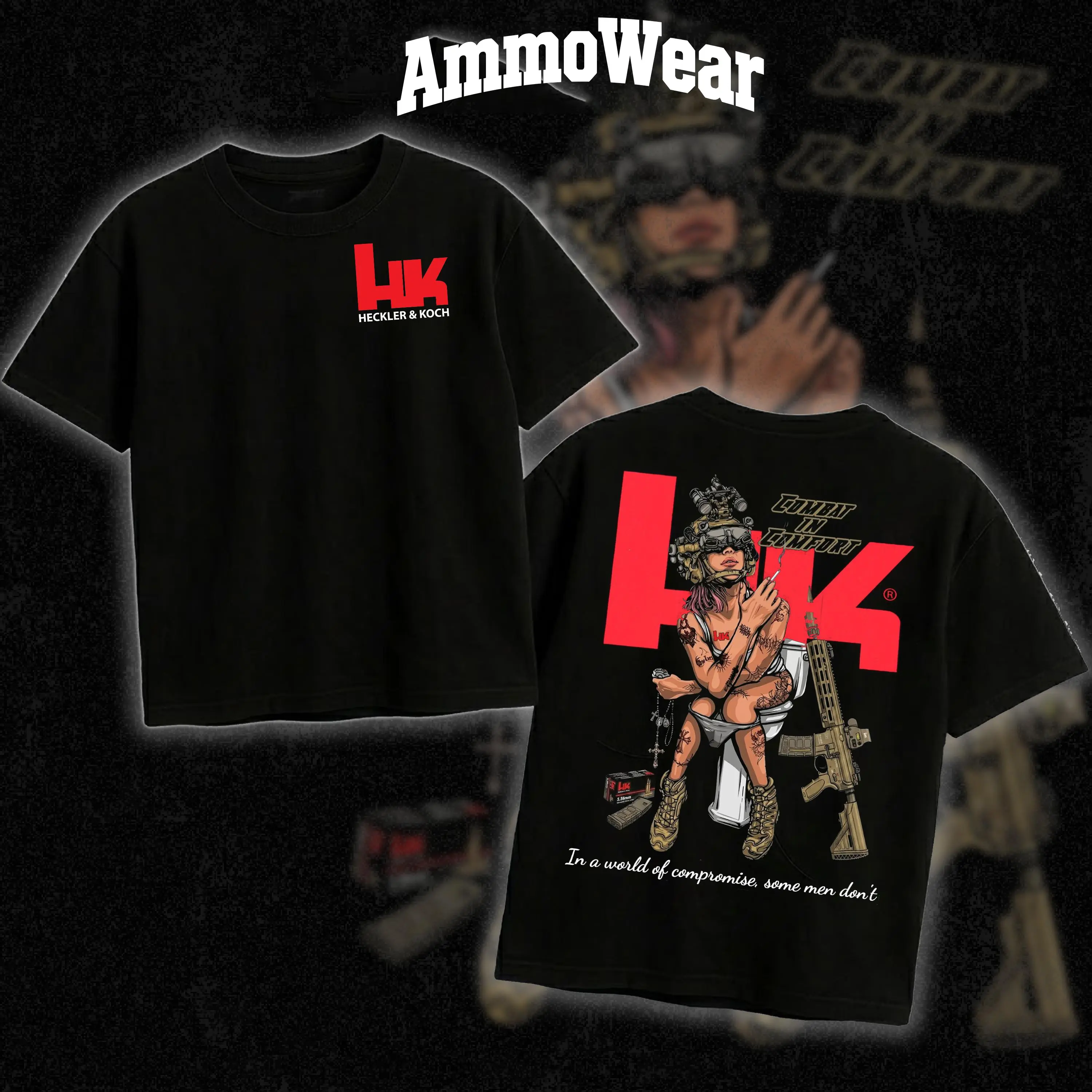 Heckler & Koch Combat in Comfort Graphic Tee, Tactical Girl Night Vision Goggles T-Shirt, In A World Of Compromise Top, Edgy Streetwear Gun Enthusiast Apparel, Casual Black Short Sleeve Shirt, Humorous 2A Mens Fashion