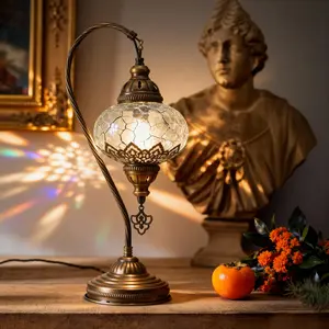 Mozaist Turkish Swan Neck Table Lamp with Bulb Included Crackle Glass Elegant Design for Living Rooms & Bedrooms
