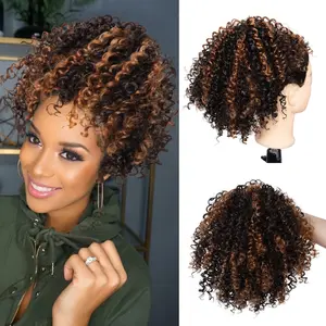 kinky Curly Drawstring Ponytail Extension for Black Women Short Afro kinky Curly Highlight Brown Ponytail Extension Synthetic Messy Bun Hair  Kinky Afro Drawstring Fluffy Hair (Brown Mix Blonde)