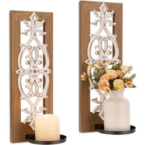 Farmhouse Wood Candle Sconces Wall Decor - Set of 2 Rustic Wall Candle Holder Decorative Carved Brown Candle Sconce Farmhouse Art Distressed Pillar Candles Holder for Fireplace Decor