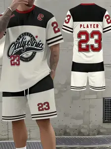 Hip-Hop Style Men's Set Stripe Color Block Splicing No.23 California Print Street Outfit Two-Piece