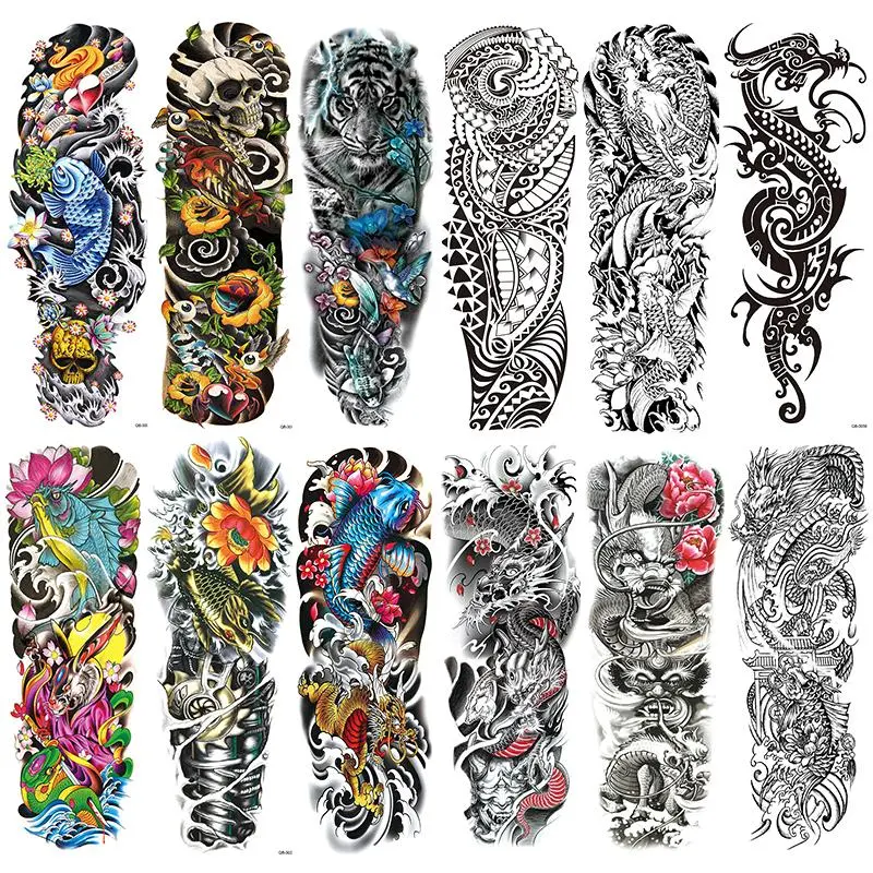 12-Piece Colorful Temporary Tattoo Set with Skull, Tiger, Koi Fish, Tribal Tattoo Designs, Waterproof Realistic Tattoos for Men and Women, Temporary Fake Tattoo, Ephemeral Tattoos, Tattoo Stickers
