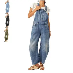 Womens Denim Bib Overalls Barrel Leg Adjustable Strap Jean Pants Jumpsuits with Pockets