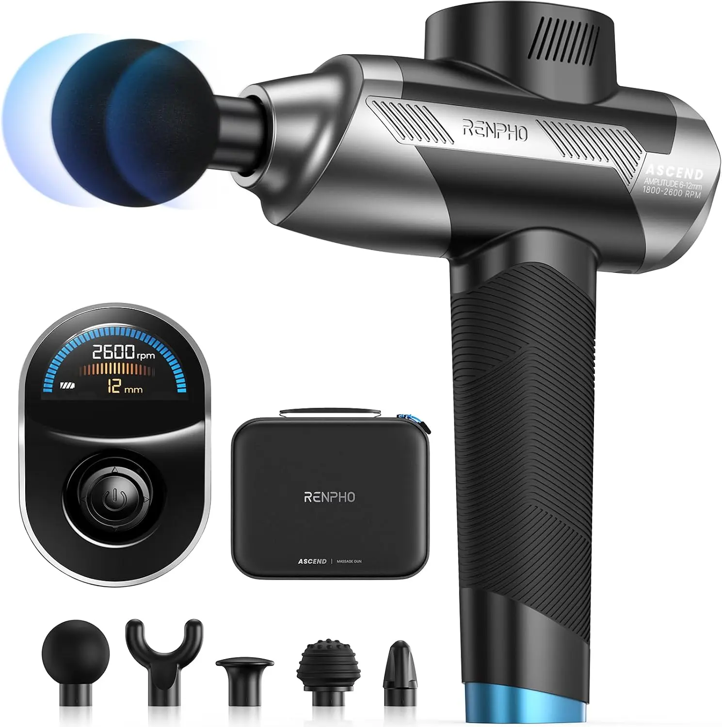RENPHO Ascend Professional Massage Gun - FSA/HSA Eligible, 6-12mm Adjustable Amplitude, 5 Speeds, 5 Silicone Attachments, Deep Tissue Percussion Massager for Customized Intensity, Adjustable Amp., Custom Intensity