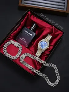 Men's Luxury Watch Set, Sparkling Analog Wristwatch, Modern Fashionable Wristwatch, Cuban Chain & Sexy Men Perfume, Hip-Hop Style, Perfect for Parties & Gifts