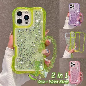 Wrist Strap Lanyard Gradient Glitter Bling Transparent Phone Case For iPhone 17 AIR 16 16E 15 14 13 12 11 Pro Max 16 Plus Heavy Shockproof Armor Cover Shockproof Protector Phone Accessory