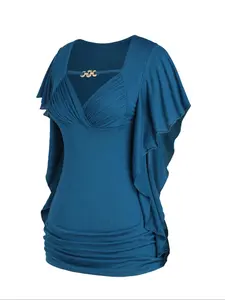 【Plus Size】 Solid Color Ruffle Trim Tee, Casual Ruffled Ruched Top for Daily Wear, Women's Plus Clothing for All Seasons