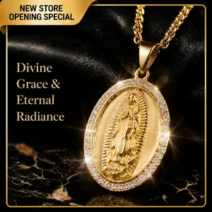 【AMKMAX】 Gold Virgin Mary Oval Rhinestone Pendant Chain Jewelry Necklace, Women's Catholic Faith Jewelry, Everyday Wear Gift, Chain Jewelry Necklaces y2k accessories