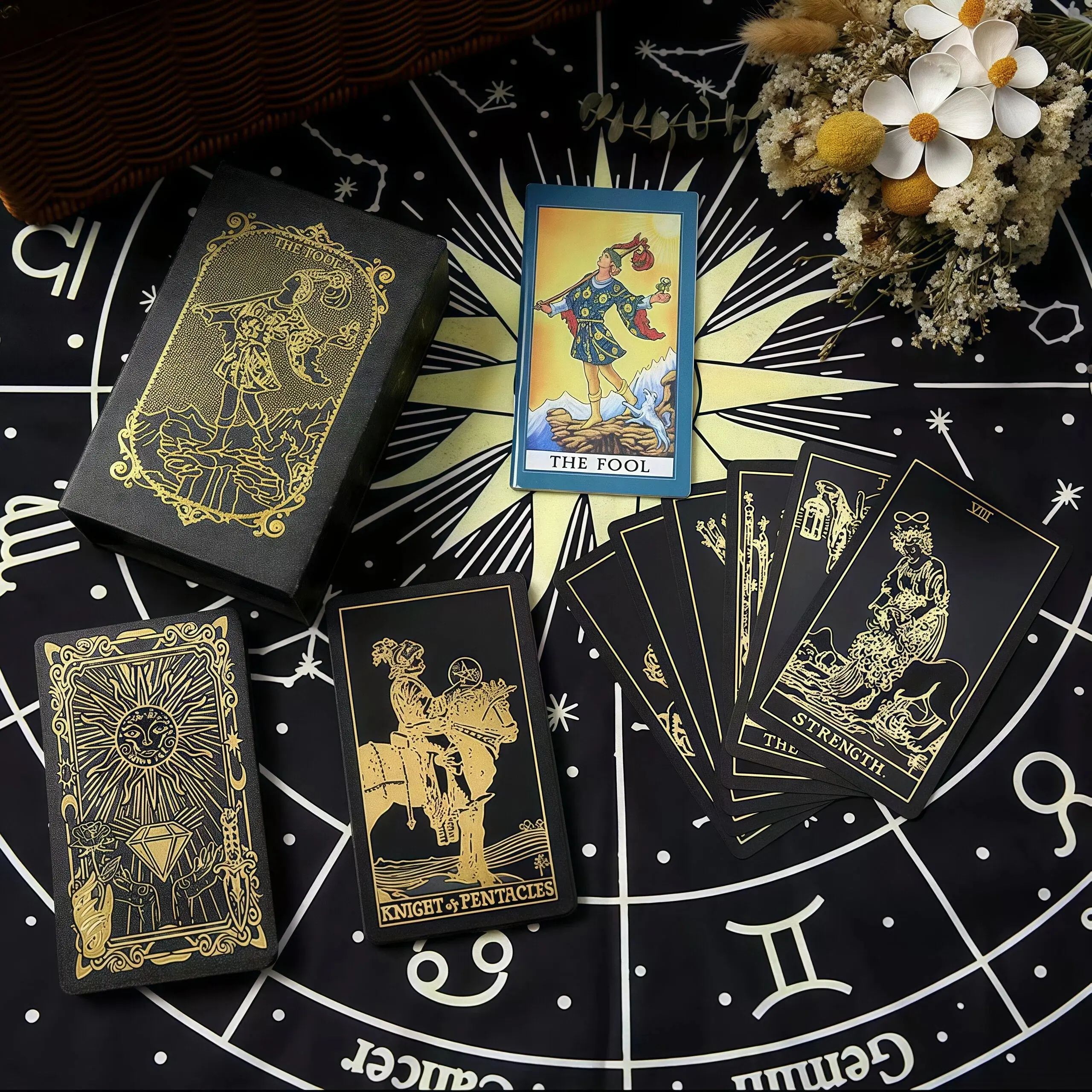 Black Gold Tarot Cards with Guide Book Waterproof Wrinkle Resistant Foil Tarot Deck for Beginners Includes Chakras Planets Zodiac Signs Elements & Affirmations