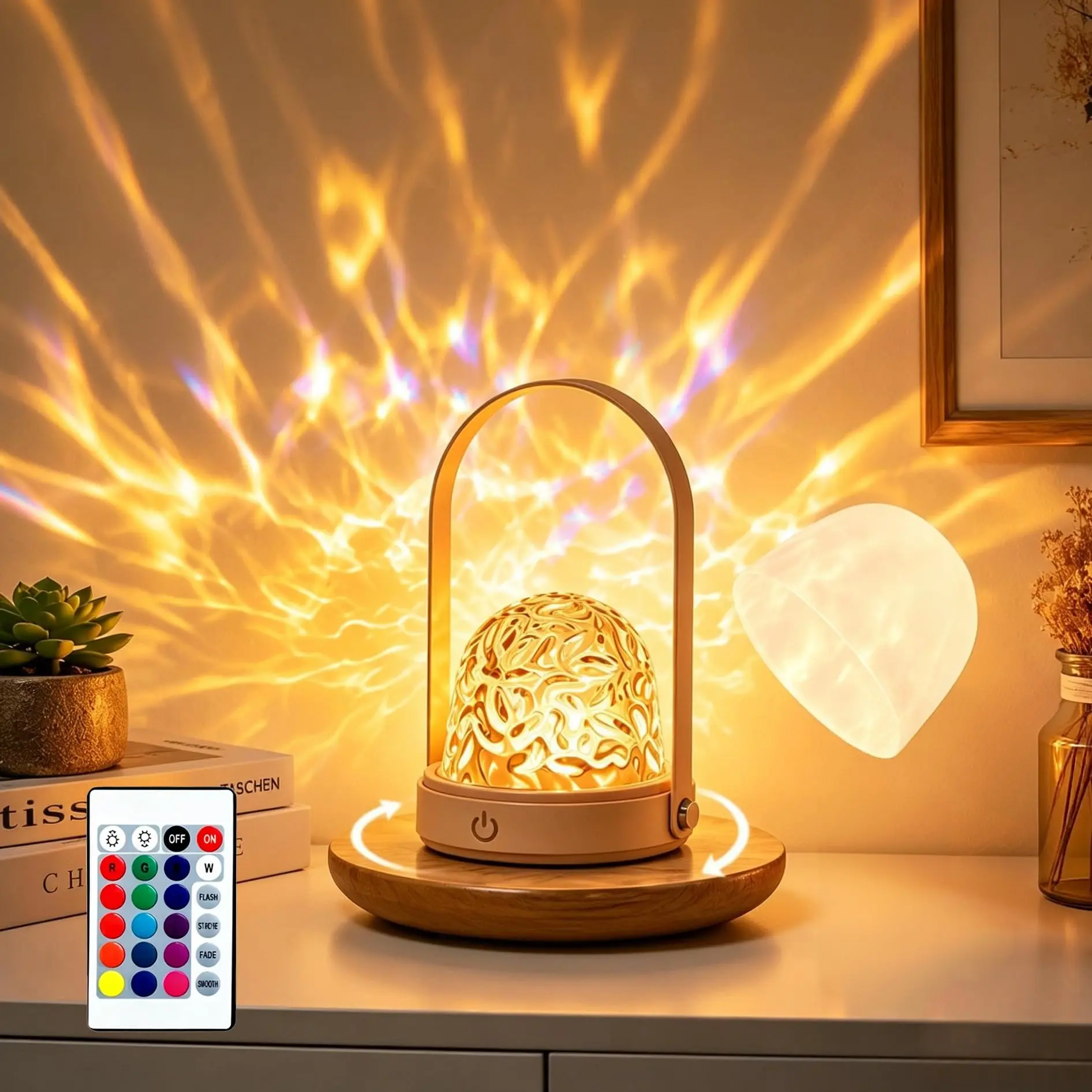 Ocean Wave Projector Light, Multicolor Rotating Water Ripple Mood Lamp with Remote Control, USB Rechargeable Ambient Night Light with Removable Shade bedroom decor
