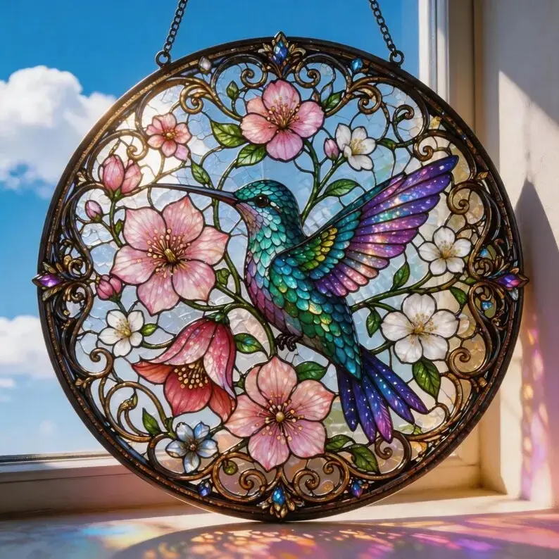 Stained Glass Hummingbird Suncatcher - Decorative Round-Shape Glass Art, Colorful Sun Window Decor, Floral Bird Hanging Home Decoration Gift for Mom