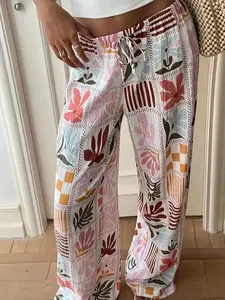 Fashion Patchwork Floral Wide-Leg Pants Plus Size Womenswear Casual Adjustable Drawstring Waist Loose Fit Trousers, Lightweight Boho Crinkled Fabric, Y2K Clothes Summer Vacation Outfits, Trendy Daily Casual Wear, Comfortable Flowy Fit Bohemian Bottoms