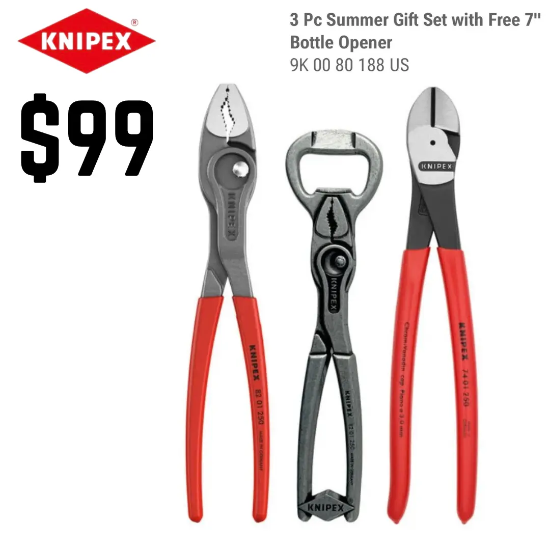 Knipex 3-Piece Pliers Set with 7-in Bottle Opener, Diagonal Cutter, High Leverage, Twingrip, Push Button Adjust, Round/Square/Hex Capabilities, Wire Cutting