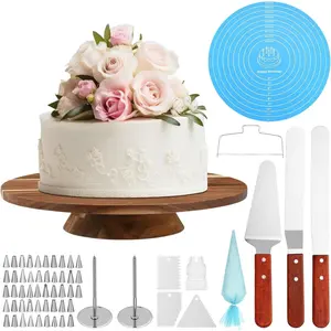 61 count Cake Decorating Kit with 12" Wooden Cake Stand Turntable Includes Piping Tips, Spatula, Coupler, Offset & Straight Spatulas,  Mat Baking Tools for Beginners and Professionals