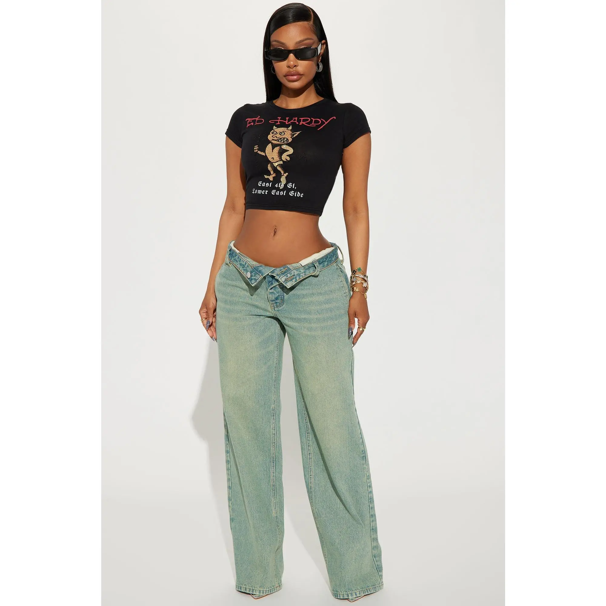 Frankie Foldover Tinted Wide Leg Jeans - Medium Wash