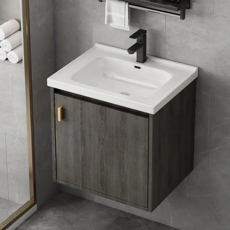 20'' Wall-Mounted Modern Floating Bathroom Vanity with Ceramic Sink & Basin Combo, Soft-Close Door, Pop-Up Drain, P-Trap Included, Grey Walnut (No Faucet) – Small Bathroom Solutions