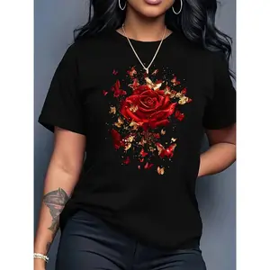 Women's Black Floral Rose & Butterfly Print T-Shirt - 100% Cotton Crew Neck Short Sleeve Casual Tee Top Womenswear Crewneck Tshirt