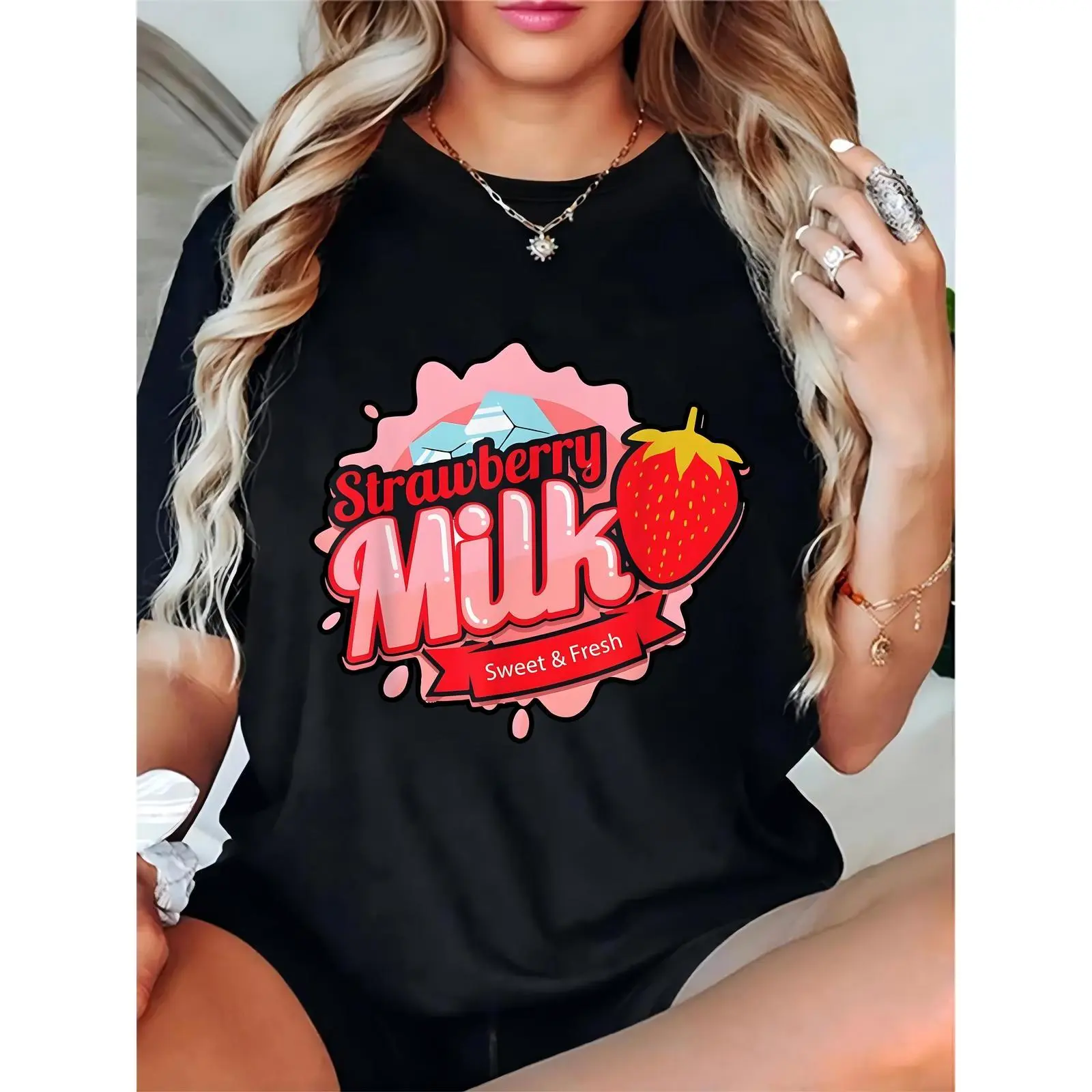 Women's Strawberry Milk Graphic Print Cotton T-Shirt, Casual Relaxed Fit Crew Neck Tee, Lightweight and Breathable Top, Tshirt, Shortsleeve, Comfortable, Round Neck, Regular Sleeves, Graphic Front, Skirts, Short Sleeves, Shirts, Strawberry Print