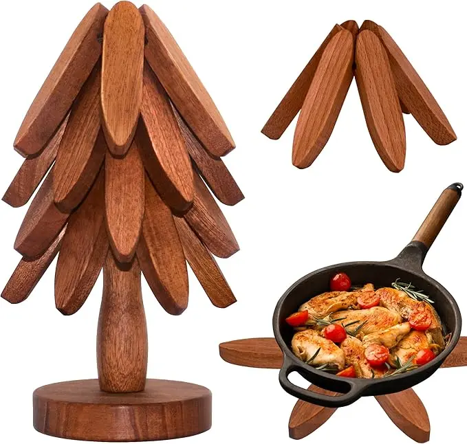 New Bamboo Wooden Coasters Set (Multiple Pieces, 7.8 Inches) - Christmas Tree Design, Foldable Kitchenware for Hot Dishes, Pots, Cups, Compact Storage, Holiday Gifts for Kitchen Decor