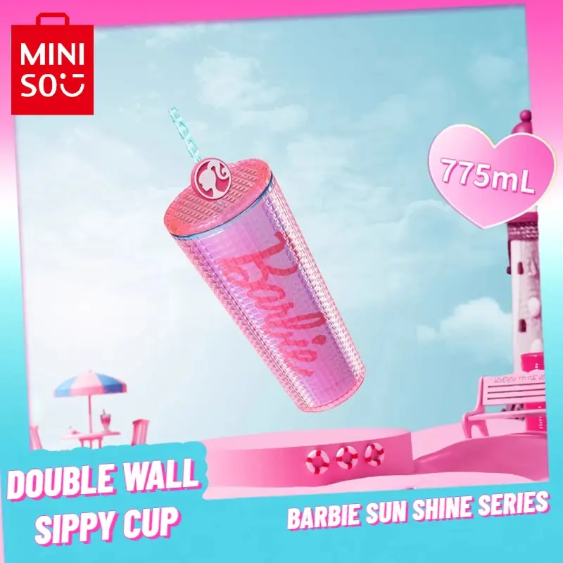 MINISO Barbie Daylight Shine Series 775mL Double-layer Straw Cup Pink Large Capacity Cup Portable Reusable Girl Gift Bottle Drinkware Tumbler Bottled Washable Silicone Mug