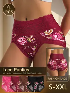 QUASTI Women's Mid Rise Lace Panties Underwear Lingerie 4 Pcs – Floral Print Soft Stretch Briefs with Fashion Lace, Elegant, Sporty Comfort for Yoga, Date Night & Everyday Wear, Romantic Gift for Her (S-XXL)