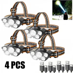 4 Pack USB Rechargable Headlamp with 5 Super Bright LED Lamp Beads - Powerful Flash Lights with 3 Lighting Modes, Waterproof Head Lights For Forehead, Adjustable Headlight for Outdoor Camping,Hiking,Night Fishing,Running, Practical Survival Kit Supplies