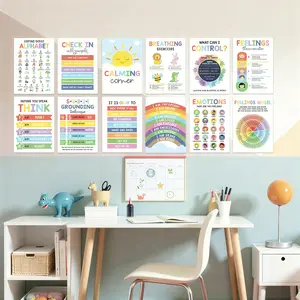 Kids' Calm Corner Posters, 12 11x14 in Feelings Charts with Coping Skills & Breathing Exercises, Emotional Regulation Wall Decor for Bedroom & Homeschool
