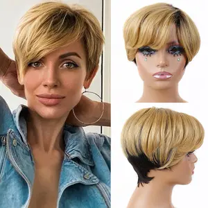 Unipearl Pixie Cut Short Human Hair Wigs for Women Short Wig with Bangs Layered Side Bangs Pixie Haircuts Natural Wave Full Machine Made Wig 100% human hair Burgundy Red honey blonde Hairstyle