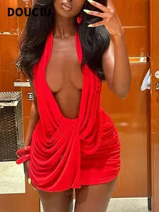 DOUCIU Women's Tight-Fitting Halter Neck Sleeveless Short Draped Dress Womenswear Casual Street Style Design Plain Color Minimalist Fashion Perfect for Night Out & Party Wear