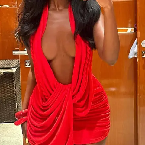 DOUCIU Women's Tight-Fitting Halter Neck Sleeveless Short Draped Chic Trendy Fitted Bodycon Dress Womenswear Casual Street Style Design Plain Color Minimalist Fashion Perfect for Night Out & Party Wear