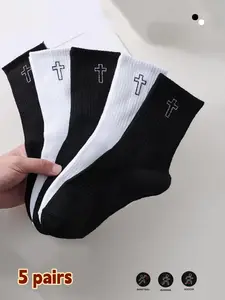5 Pairs Unisex Sports Cross-Strap Mid-Calf Sock Sets, Classic, Knitted for Spring Summer Fall, All Season Socks, Casual Basketball Football Socks Men Athletic Sock