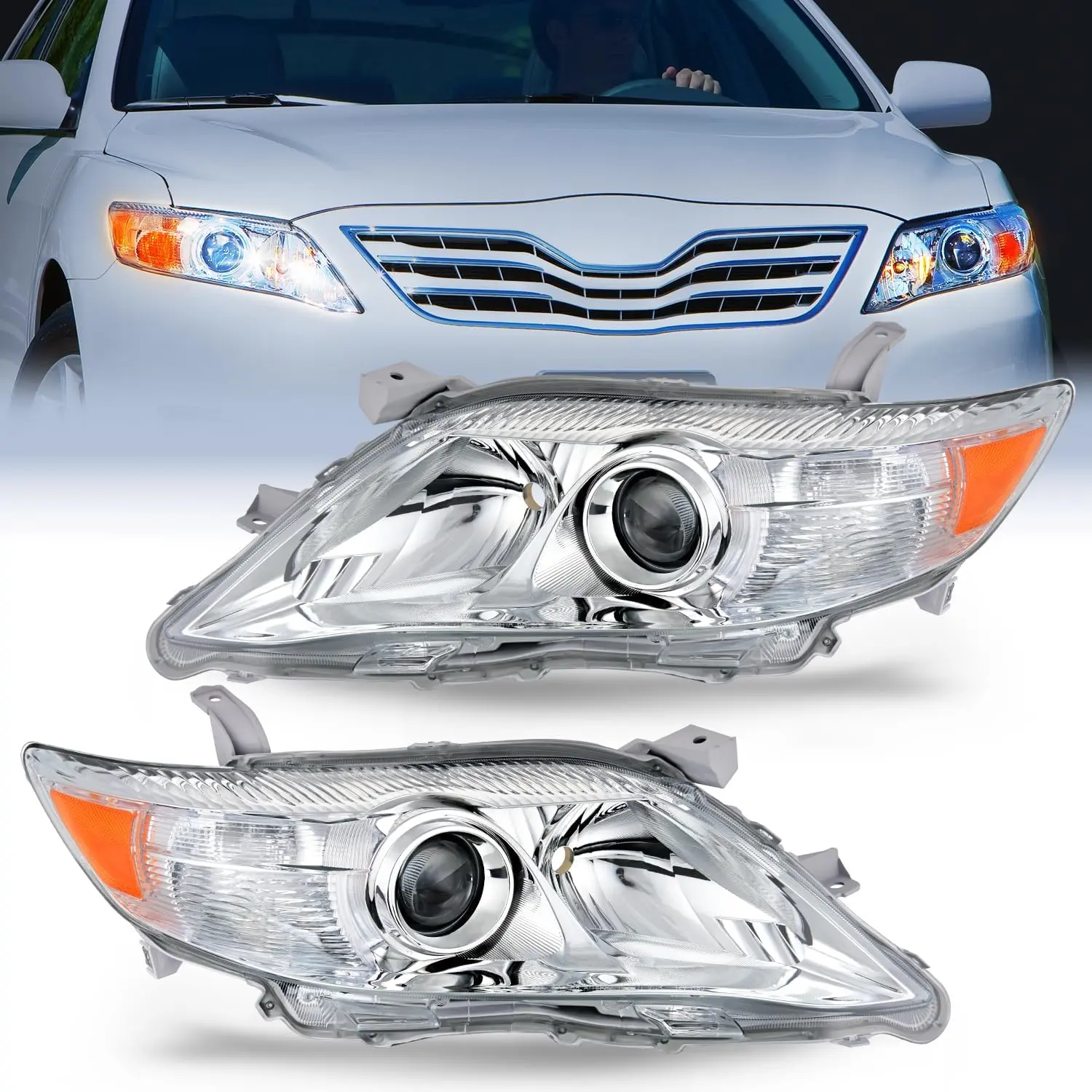 Nilight Headlight Assembly Compatible with 2010 2011 Toyota Camry Headlamps Replacement Chrome Housing Amber Reflector Upgraded Clear Lens Driver and Passenger Side, Car Headlights