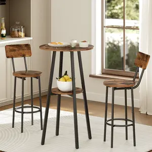 HOOBRO Bar Table and Chairs Set, Small Round Dining Table Set for 3, High Top Table and Chairs for Small Space, 2 Tier Kitchen Table and Bar Stools with Back, Rustic Brown Style#SpringSale #BigSpringSale