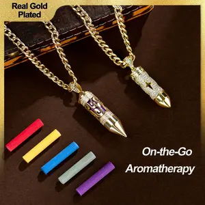 14K Real Gold-Plated Carved Bullet Aroma Necklace, Trendy Gold-Plated Jewelry with Double-Row CZ Stones, Hollow Engraved Design with Aroma Cotton, Pad Affordable Gold-Plated Gifts for Fashion Lovers