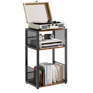 3 Tier Side Table Multifunctional, Record Player Stand for Vinyl Storage Up to 100 Albums, Turntable Stand Also Works as Bedside End Table, Bookshelf or Display Shelf, Retro Metal Mesh Design