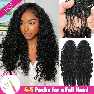 Bling Hair Burmese Curly Crochet Hair For Women 50g Pre-Separated Feather Crochet Human Hair Invisible Knotless Human Crochet Hair Reusable Lightweight Hair Extensions Natural Black 14-22Inch