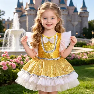 Girls Gold Sequin Princess Tutu Dress with Ruffle Tulle Sleeves for Birthday Party & Cosplay