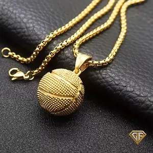 Gold 3D Basketball Charm Necklace and 22 inch Necklace Geometric Design for Ball Lovers Sports Fan Jewelry Ideal Gift for Basketball Enthusiasts Black Rhodium Plating mens necklace, basketball season