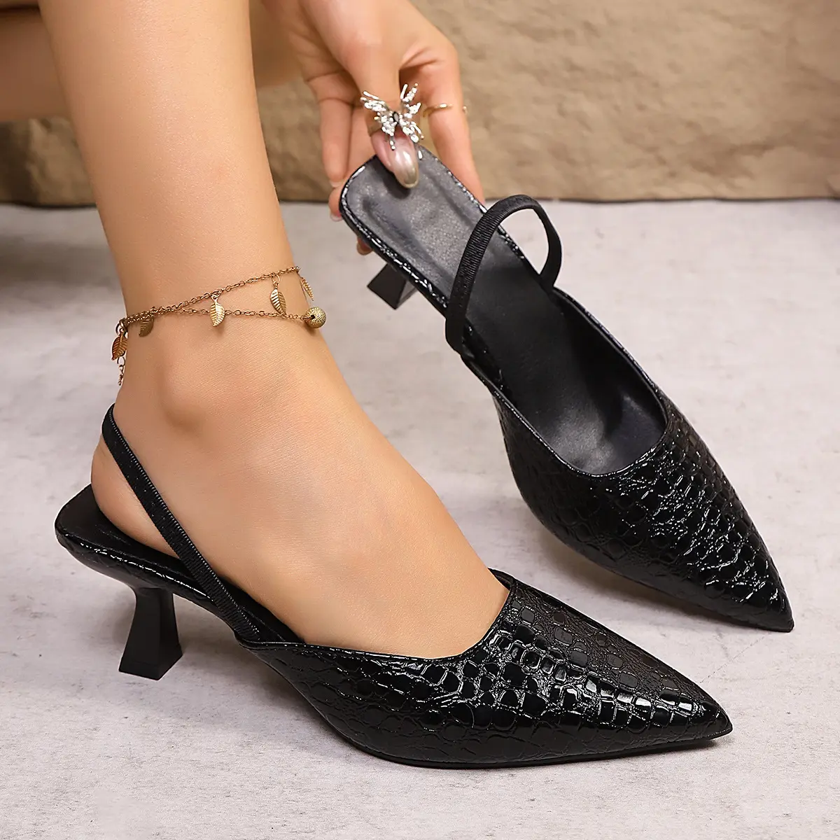 Women's Classic Kitten Heel Sandals - Closed Pointed Toe, Rubber Sole, Comfortable Block Heel, Slip-On Dress Footwear for Weddings, Formal Occasions, Kitten Heels tiktokshopbacktoschool
