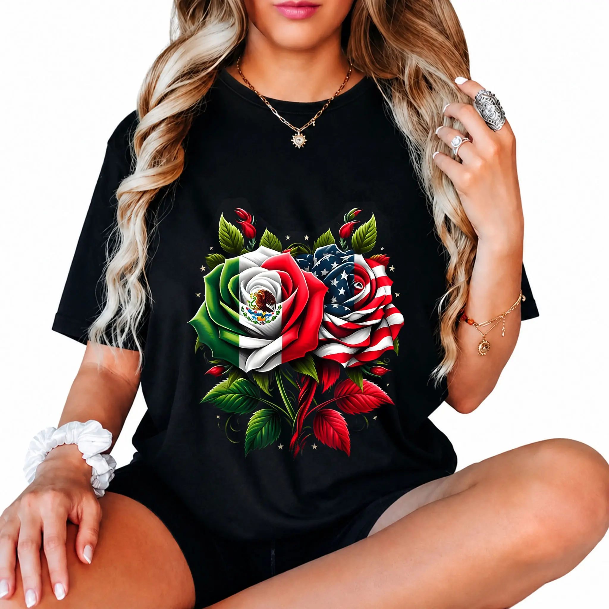 100% Cotton Unisex Mexico USA Flag Mexican Flag American Flag Rose Flower T-Shirt
