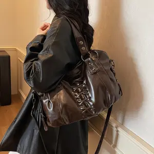 2026 Fall Winter New Fashion Hobo Bag Women Vintage Oiled Leather Shoulder Crossbody Bag Elegant Lace-Up Detail Large Capacity Trendy.