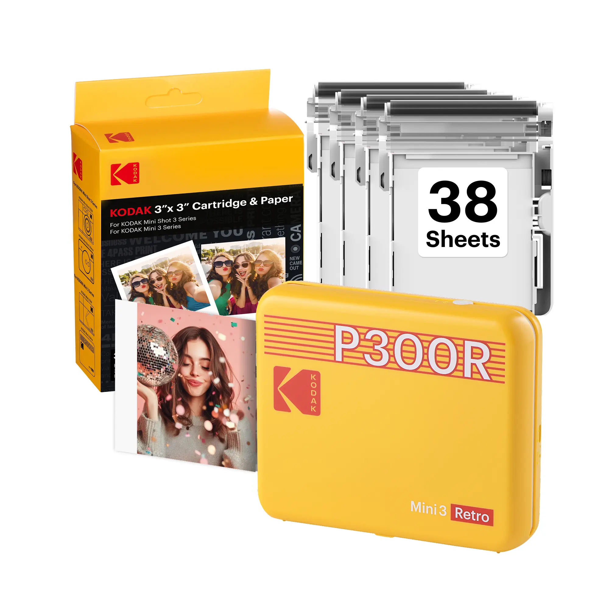 KODAK Mini 3 Retro 4PASS Portable Photo Printer (3x3 inches) 38 sheets Bundle