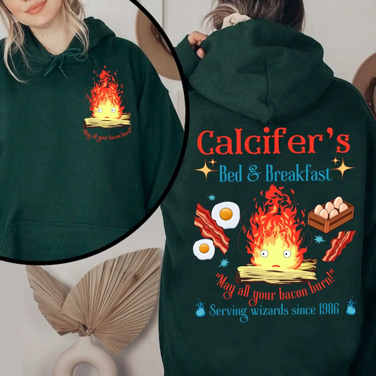 Calcifer May All Your Bacon Burn Hoodie Sweatshirt T-Shirt, Howls Moving Castle Sweater, Calcifer Sweatshirt, Ghibli Studio Sweatshirt, Howl and Sophie Shirt, May All Your Bacon Burn Shirt, Ghibli Calcifer Shirt, Hayao Miyazaki, Anime Lover Sweater