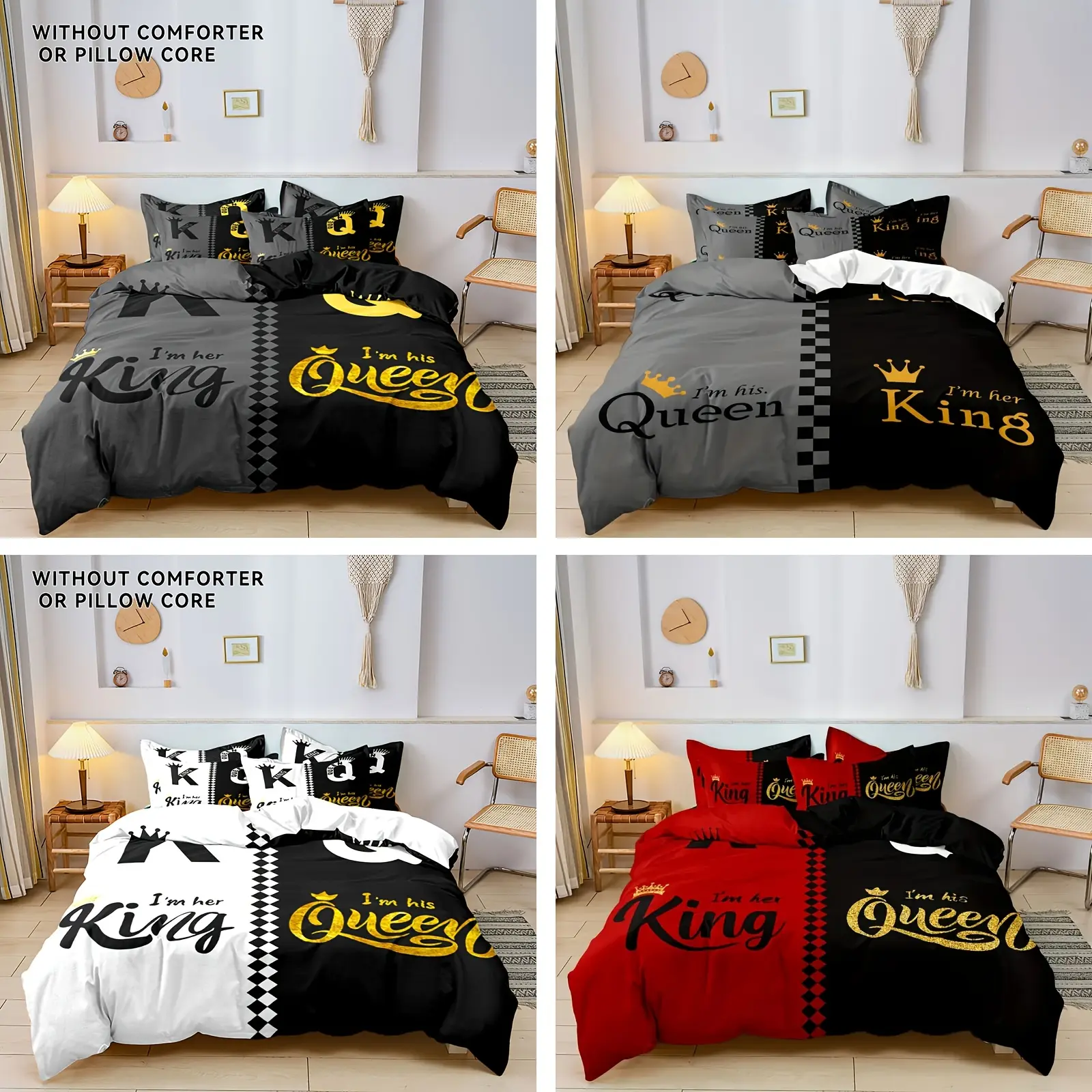 3pcs Valentine's Day Down Duvet Cover Set (1* Duvet Cover + 1/2* Pillowcases, No Core), Fashionable Black and Gray Crown Design Printed Bedding Set, Soft Comfortable Breathable Duvet Cover, Women's Men's Bedroom Guest Room Hotel