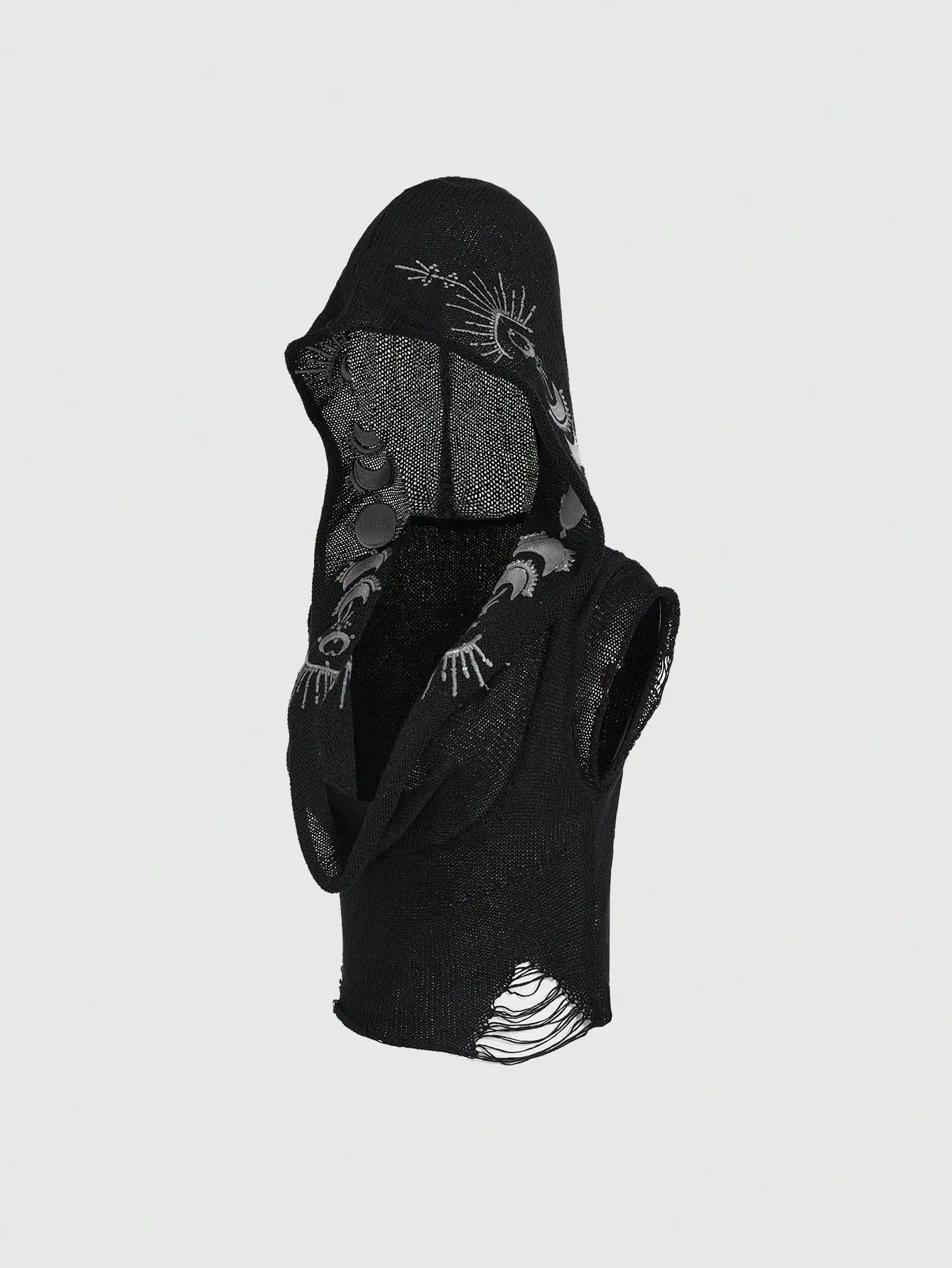 LALUZ Embroidered Star & Moon Goth Hippie Witch Hooded Shawl Collar Sheer Knit Top Aesthetic Long Sleeve Pullover Dark Grunge Mystic Top Streetwear