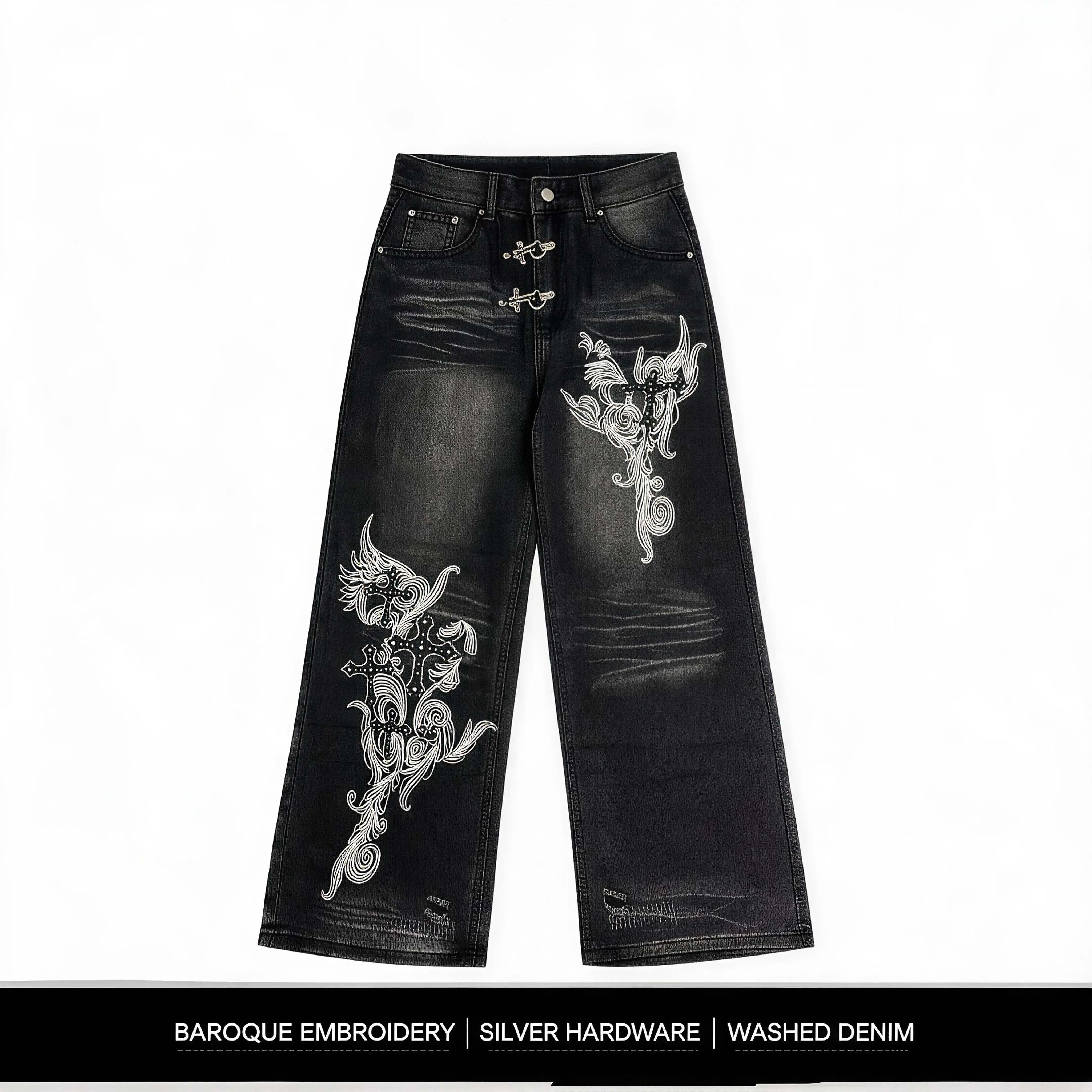 Y2K Gothic Wide Leg Baggy Jeans Women High Waist Black Washed Denim Angel Cross Print Metal Buckle Hide Thighs Flattering Curvy E-Girl Streetwear Pants