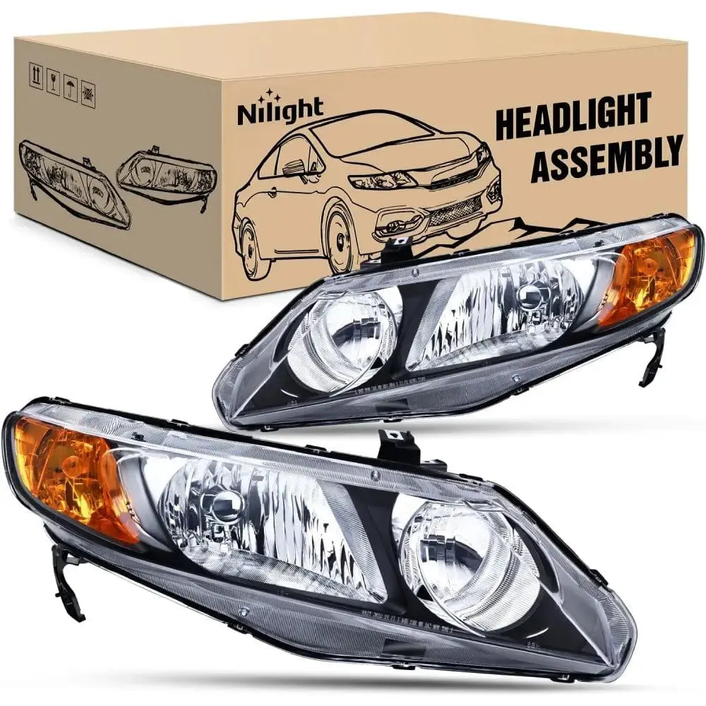 Nilight Headlight Assembly Set Pair for 2006-2010 Honda Civic - Black Case, Amber Reflector & Lens, Anti-Fog Vent, DOT Certified, IP65 Waterproof Dustproof, UV Resistant, OE Standard Headlight Replacement
